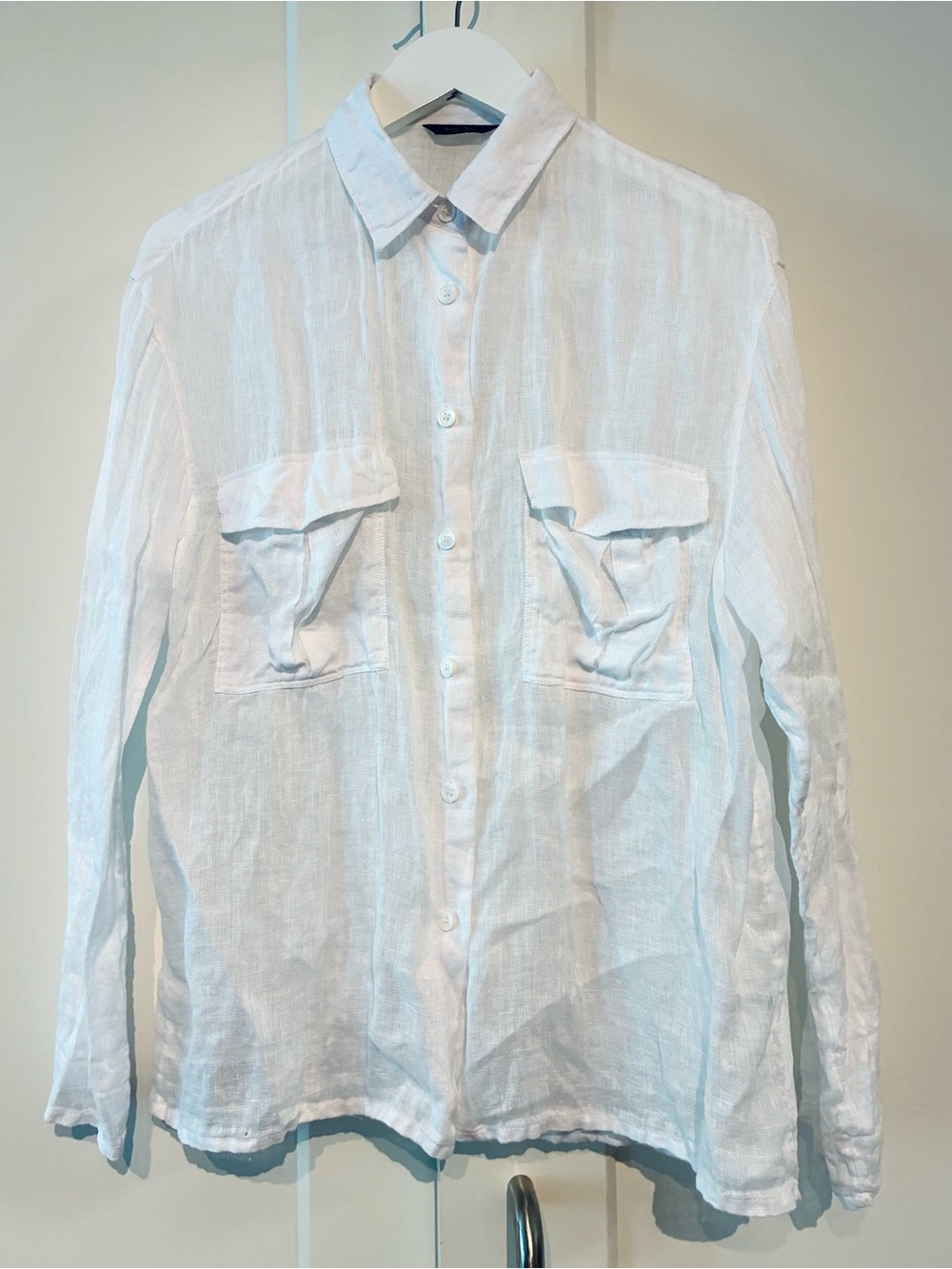 Massimo Dutti M White Linen Button-Up Shirt Long Sleeve Chest Pockets
